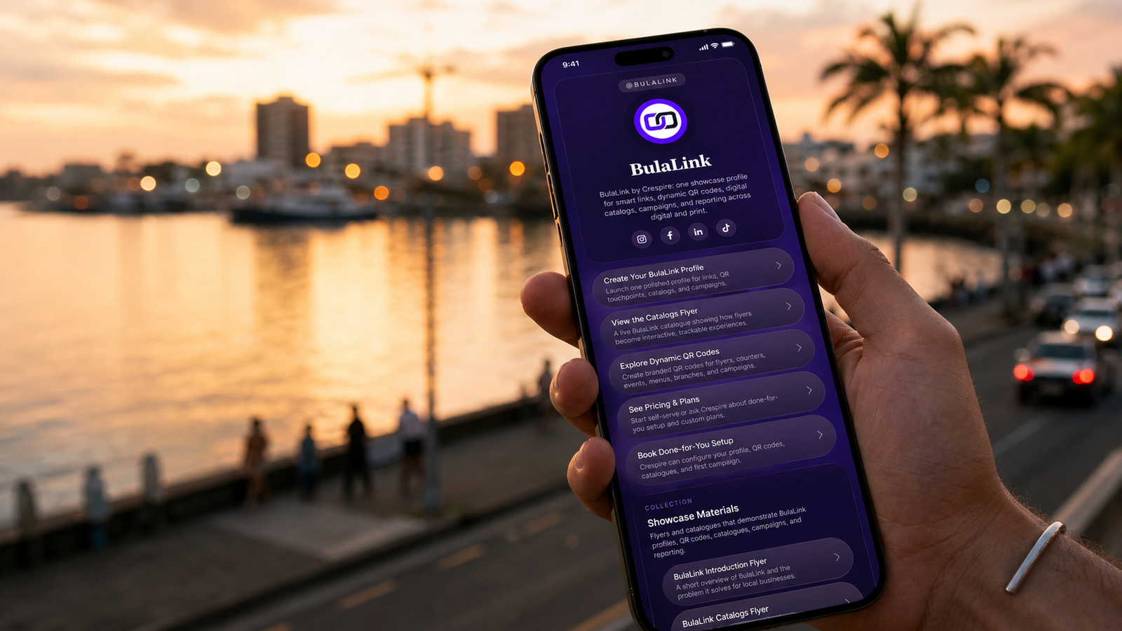 BulaLink profile displayed on a smartphone over Suva waterfront